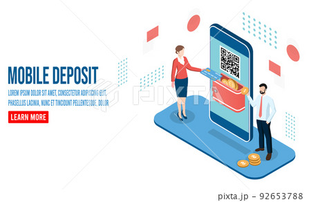 3D isometric mobile deposit and Money transfer concept for financial transaction, online cashback service, credit card payments.  Vector illustration eps10 92653788