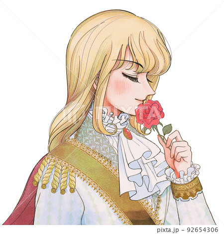 レトロ少女漫画風・薔薇の花を持った美しい金髪の王子様 92654306
