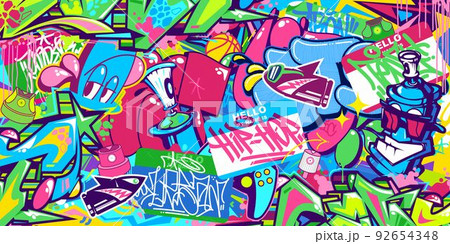 Abstract Urban Graffiti Style Sticker Bombing With Some Street Art Lettering Vector Illustration Background 92654348