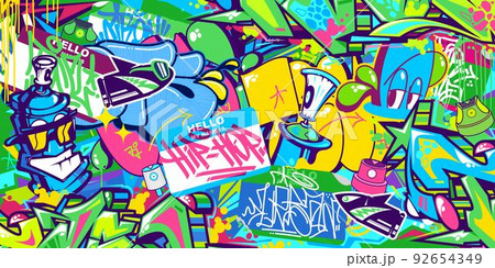 Abstract Colorful Urban Graffiti Style Sticker Bombing With Some Street Art Lettering Vector Illustration Background 92654349