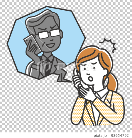 Illustration of a young female office worker who is deceived by a vicious trader or telephone fraud 92654792