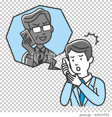 Illustration of a young male office worker deceived by a vicious trader or telephone fraud Illustration of a young male office worker deceived by a vicious trader or telephone fraud 92654793
