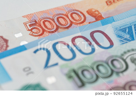 Russian rubles background. Money background and texture. Banknotes of different denominations 92655124