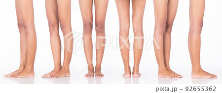 Tanned skin Woman show legs knee bare foots toe, 360 front side rear view, white background isolated 92655362