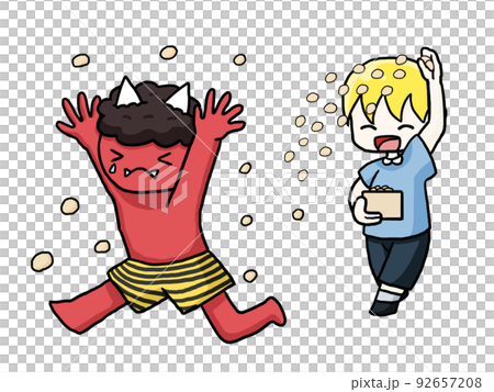 Illustration of a demon running away after being thrown beans by a white man Illustration of a demon running away after being thrown beans by a white man 92657208