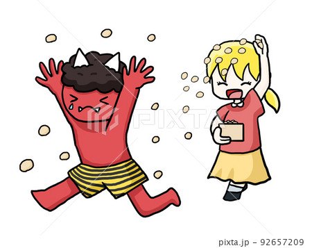 白人女性に豆を投げつけられて逃げる鬼のイラスト 白人女性に豆を投げつけられて逃げる鬼のイラスト 92657209