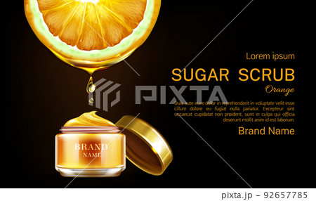 Orange sugar scrub cosmetics jar ad banner mockup. 92657785