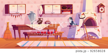 Old russian kitchen interior and traditional stove Old russian kitchen interior and traditional stove 92658028