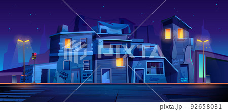 Ghetto street at night, slum abandoned houses 92658031