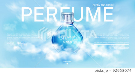 Perfume spray bottle in cloudy sky mock up banner. 92658074