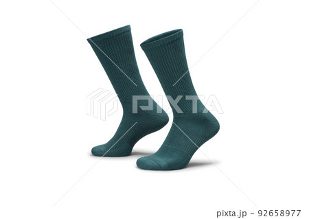 Pair of green cotton socks isolated on white. Set of short socks for sports as mock up and label for advertising, logo, branding. 92658977