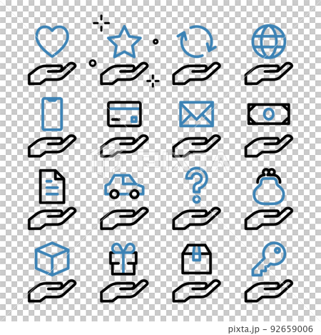 Icon set with various things floating on the palm Icon set with various things floating on the palm 92659006