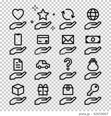 Icon set with various things floating on the palm Icon set with various things floating on the palm 92659007