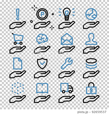 Icon set with various things floating on the palm 92659537