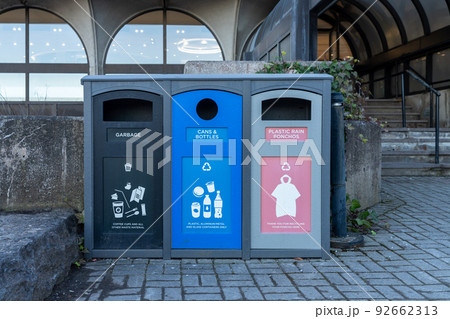 Garbage bin for plastic rain ponchos, garbage only, waste cans and bottles only. Trash container in Niagara Falls public park. Garbage bin for plastic rain ponchos, garbage only, waste cans and bottles only. Trash container in Niagara Falls public park. 92662313