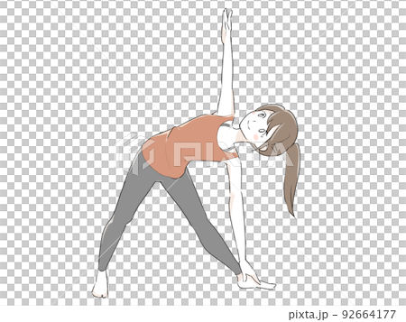 瑜伽 一個扎著馬尾辮的女人做三角姿勢 92664177