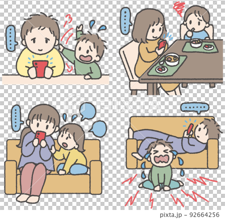 スマホばかり見て子供の相手をしない大人のイラストセット 92664256