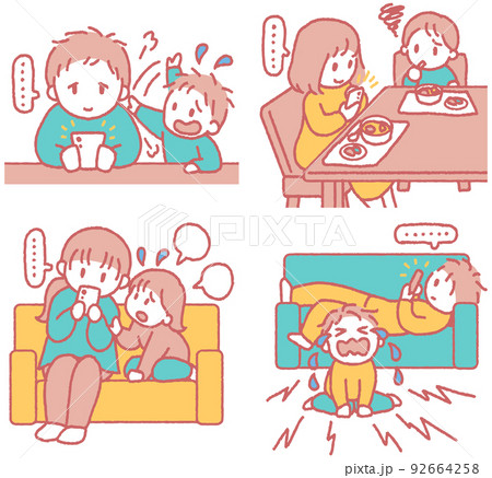 スマホばかり見て子供の相手をしない大人のイラストセット スマホばかり見て子供の相手をしない大人のイラストセット 92664258