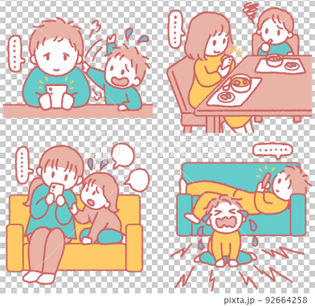 スマホばかり見て子供の相手をしない大人のイラストセット スマホばかり見て子供の相手をしない大人のイラストセット 92664258