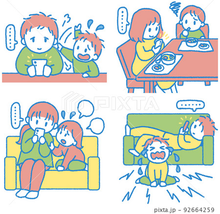 スマホばかり見て子供の相手をしない大人のイラストセット 92664259
