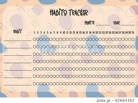 Habits tracker printable template. Blank notebook page horizontal A4. Vector illustration of paper sheet for marking habits success in month Habits tracker printable template. Blank notebook page horizontal A4. Vector illustration of paper sheet for marking habits success in month 92664362