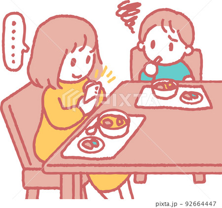 食事中にスマホを見る大人と不満そうな子供のイラスト 食事中にスマホを見る大人と不満そうな子供のイラスト 92664447