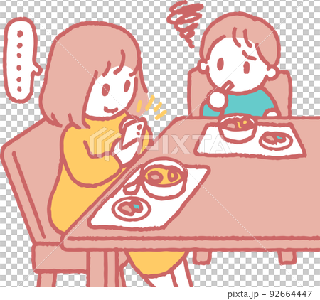 食事中にスマホを見る大人と不満そうな子供のイラスト 食事中にスマホを見る大人と不満そうな子供のイラスト 92664447