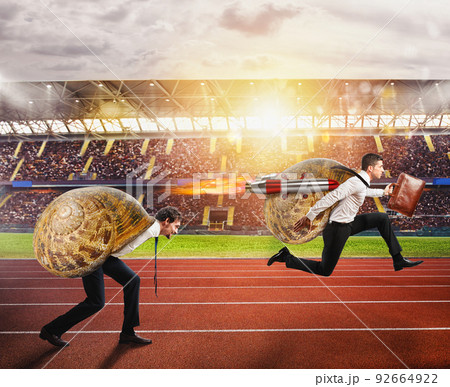 Businessman slow like a snail runs fast thanks to rockets 92664922