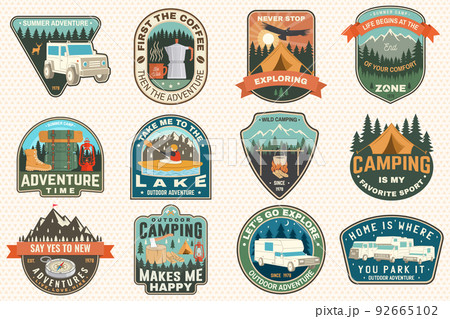 Set of camping badges Logo Patch. Vector illustration. Concept for shirt or logo, print, stamp or tee. Vintage typography design with man in canoe, lake, compass, camper rv , tent and forest 92665102
