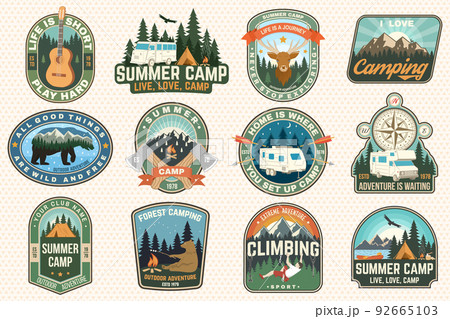 Set of Summer camp patches. Vector. Concept for shirt or logo, print, stamp, patch or tee. Vintage typography design with guitar, rv trailer, camping tent, forest, mountain silhouette. 92665103