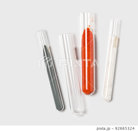 Closeup chemical ingredient on white laboratory table. Zinc Powder, Potassium Ferricyanide and Cetyl Esters Wax in test tube. Closeup chemical ingredient on white laboratory table. Zinc Powder, Potassium Ferricyanide and Cetyl Esters Wax in test tube. 92665324