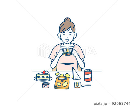 不健康な食事をとる　若い女性　暴飲暴食　過食症　高カロリー　イラスト 92665744
