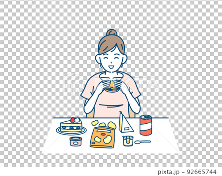 不健康な食事をとる　若い女性　暴飲暴食　過食症　高カロリー　イラスト 92665744