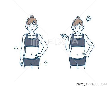 若い女性のウエスト　くびれ　スリム　お腹の脂肪　ダイエット　贅肉　イラスト 92665755