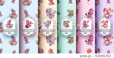 Seamless pattern cartoon character adorable animal fire hydrant, in vase, pretty zoo idea for print t-shirt, poster and kids envelope, postcard. Cute hand drawn style wildlife Seamless pattern cartoon character adorable animal fire hydrant, in vase, pretty zoo idea for print t-shirt, poster and kids envelope, postcard. Cute hand drawn style wildlife 92666262