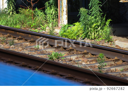 夏、酷暑の鉄道のレール、駅のホームの様子 夏、酷暑の鉄道のレール、駅のホームの様子 92667282