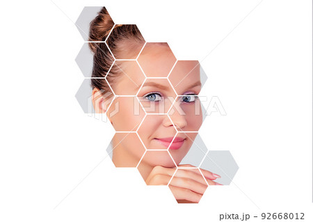 Blonde female model beauty young woman with healthy skin and beautiful hairstyle portrait isolated on white honey lifting, tightening of facial skin facelift. bee milk Royal jelly eco product Blonde female model beauty young woman with healthy skin and beautiful hairstyle portrait isolated on white honey lifting, tightening of facial skin facelift. bee milk Royal jelly eco product 92668012