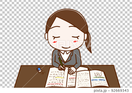 (上半身正面)一生懸命笑顔で楽しく勉強がはかどるスーツ姿の女性 (上半身正面)一生懸命笑顔で楽しく勉強がはかどるスーツ姿の女性 92669343
