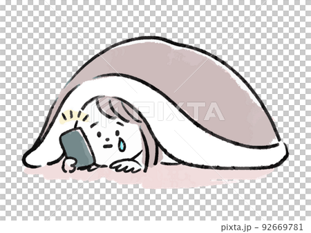 一個女人把自己關在蒲團裡看著智能手機的插圖 92669781