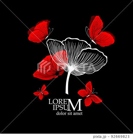 Logo poppy object with butterflies on a black background. Vector illustration Logo poppy object with butterflies on a black background. Vector illustration 92669823