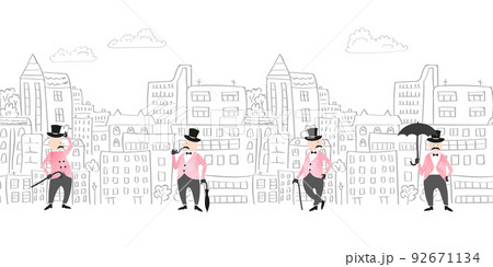Cityscape seamless border with funny gentlemen. Doodle vector background 92671134