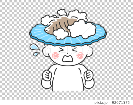 Illustration of a crying child wearing a shampoo hat, washing his hair 92671575