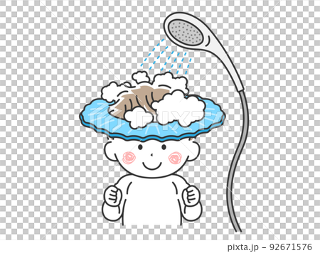 Illustration of a child wearing a shampoo hat and washing his hair in the shower 92671576