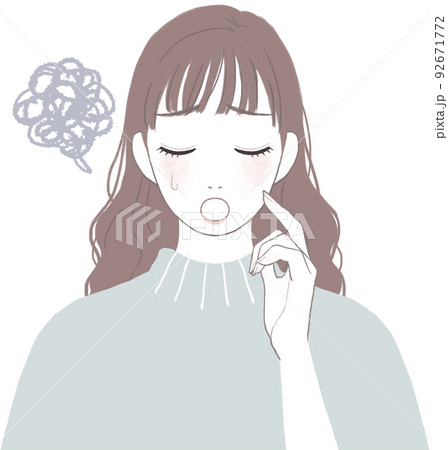 困って落ち込むロングヘアの可愛い女性 顔に手を添えるver 92671772