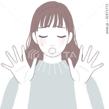困って落ち込むロングヘアの可愛い女性 手を開いたポーズver 92671773