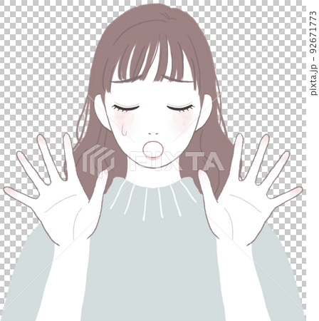 A cute woman with long hair who is in trouble and depressed Pose with open hands ver 92671773