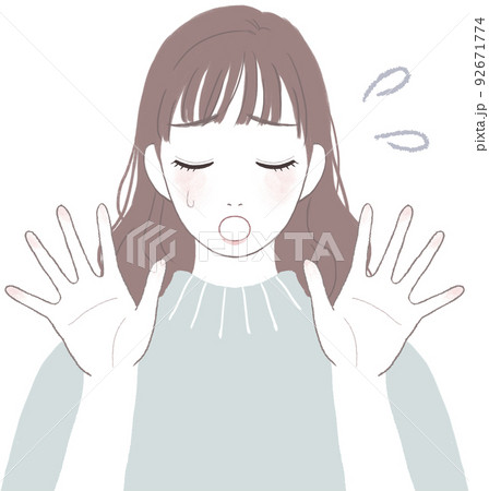 困って落ち込むロングヘアの可愛い女性 手を開いたポーズver 92671774