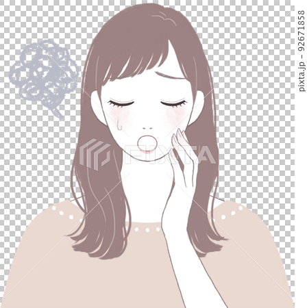 困って落ち込むロングヘアのキレイな女性 顔に手を添えるver 92671858