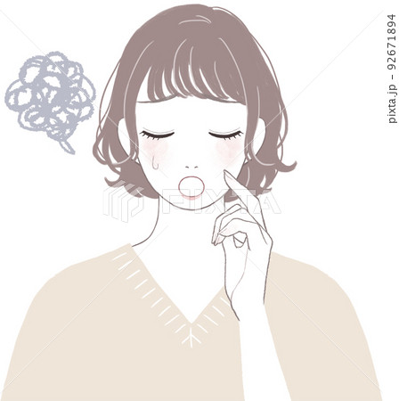 困って落ち込むショートカット(パーマ)の可愛い女性 顔に手を添えるver 92671894