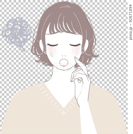 困って落ち込むショートカット(パーマ)の可愛い女性 顔に手を添えるver 92671894